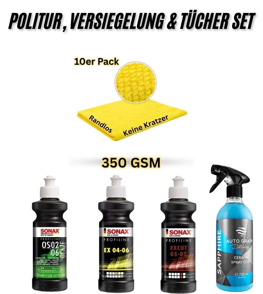 Sonax Profiline Polituren Set + 10er Pack 350GSM Tücher + Keramische Sprühversiegelung