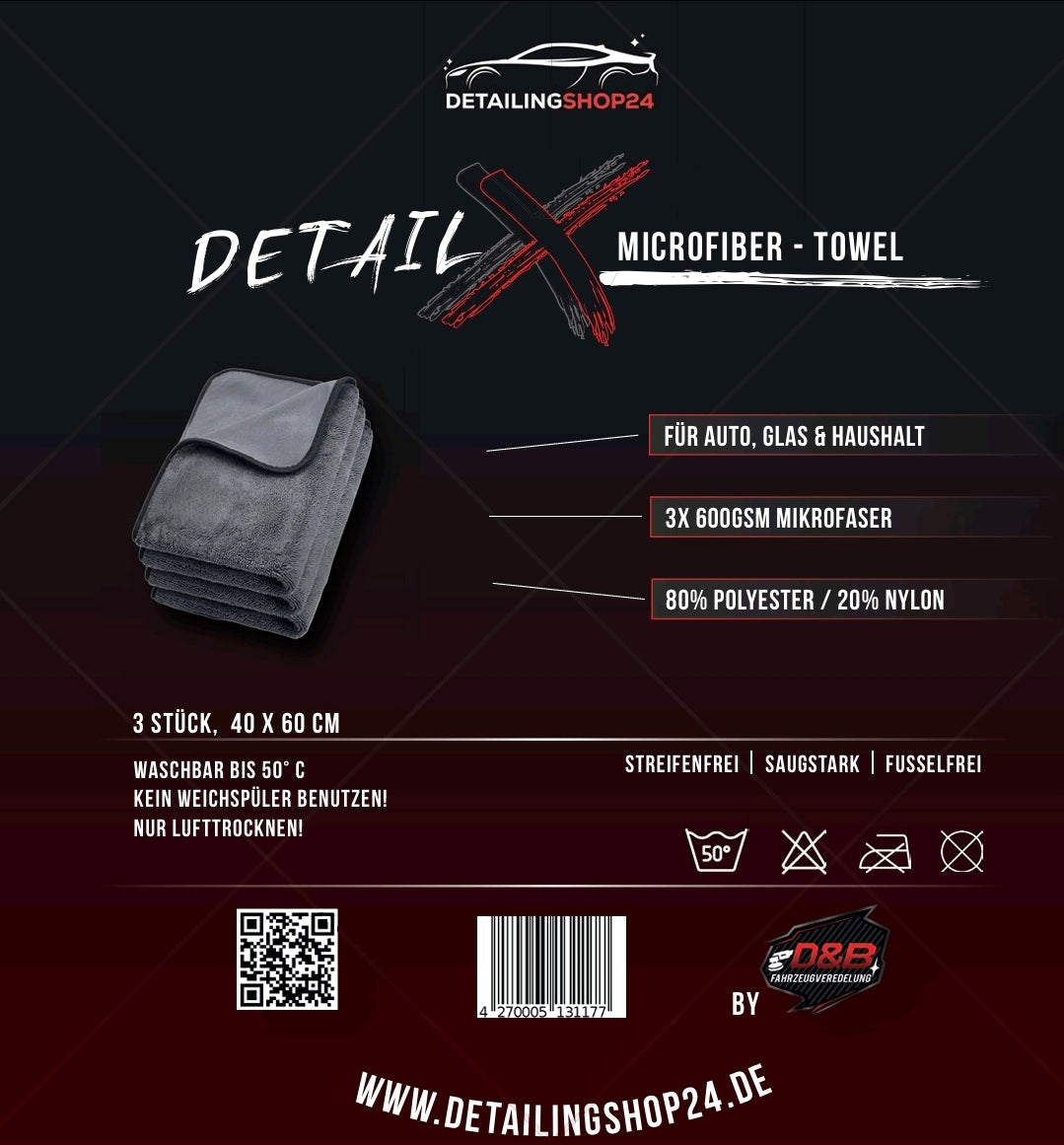 Mikrofasertücher Trockentücher 3er Set 40x60cm 600GSM für Auto und Haushalt
