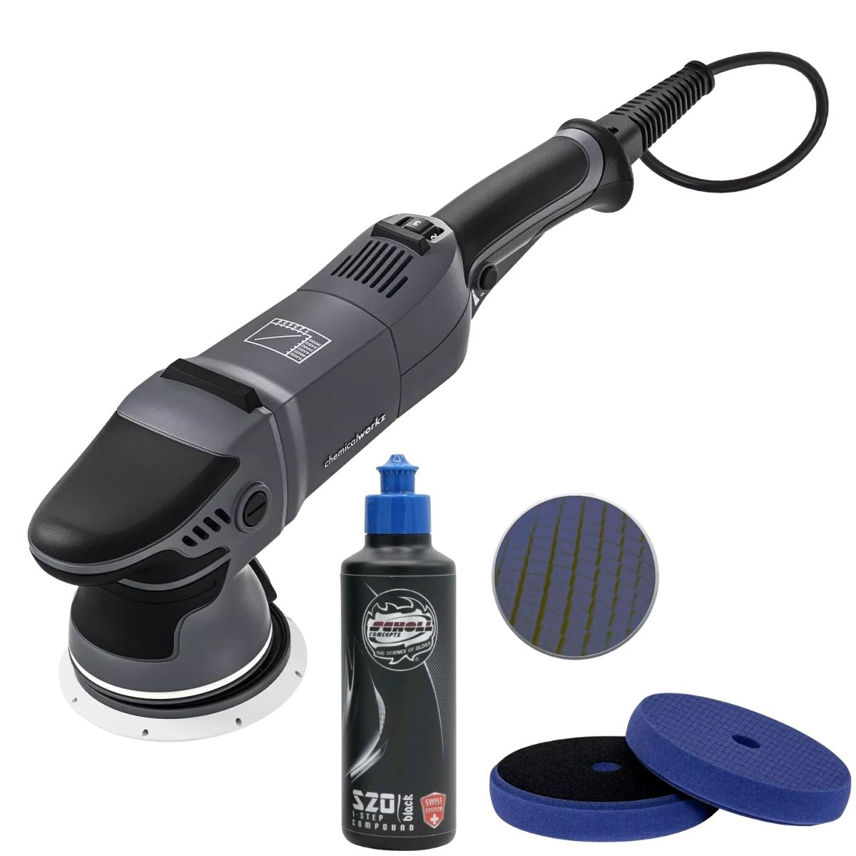 Chemicalworkz DA15 Pro Poliermaschinen Set mit Scholl S20Black Swiss Edition One Step Politur und 2x Spider Pad Blau